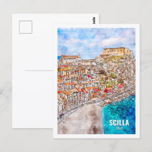 Scilla Italië Beroemde Reisplaats Waterverf Sketch Briefkaart