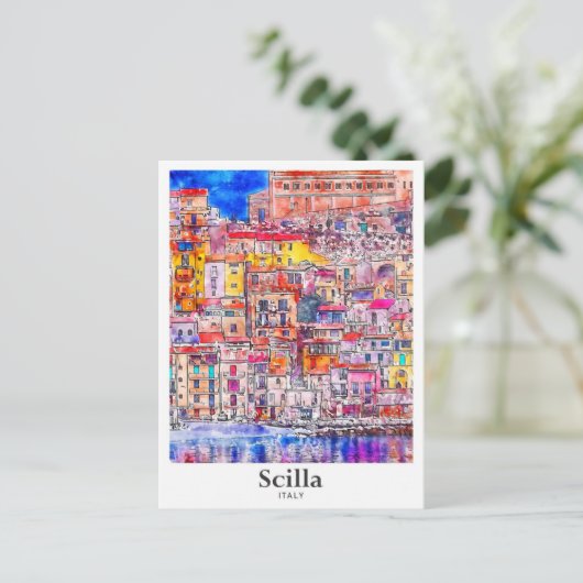 Scilla Italië Reizen Waterverf Hand getekend Briefkaart (Staand voorkant)