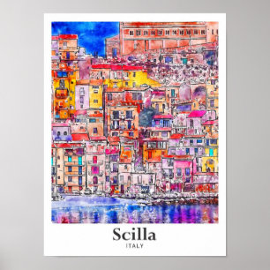 Scilla Italië Reizen Waterverf Hand getekend Poster