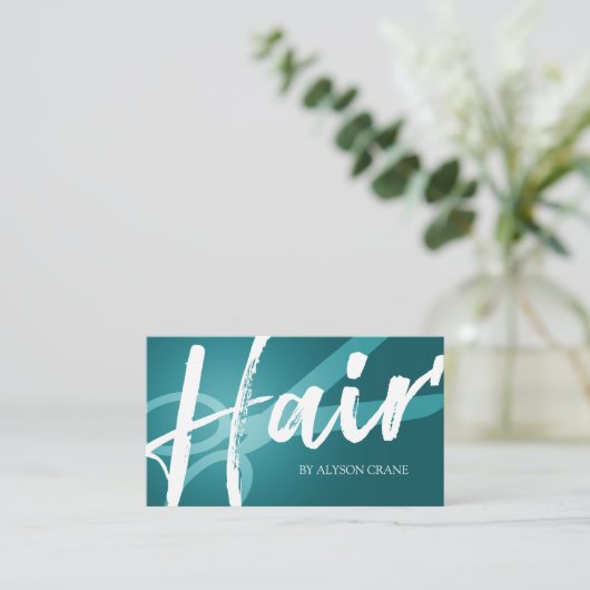 Scissor- en penseelscript | Cyaan | Hair Stylist Visitekaartje (Staand voorkant)