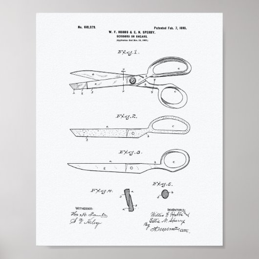 Scissors 1899 Patent Art White Paper Poster (Voorkant)