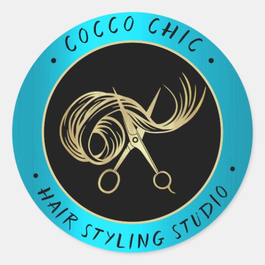 Scissors Hair Logo Name Bedankt Gold Blue Ronde Sticker (Voorkant)