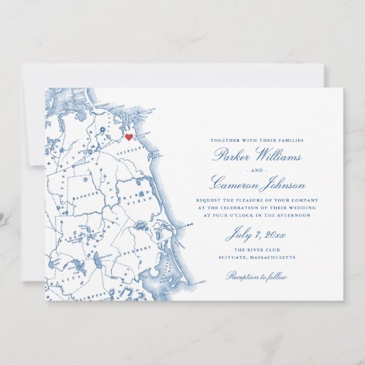 Scituate Massachusetts Kaart Elegant Navy Wedding (Voorkant)