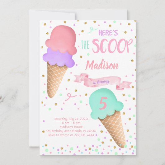 Scoop Glitter Ice Cream Verjaardag uitnodiging (Voorkant)