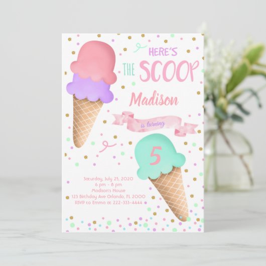 Scoop Glitter Ice Cream Verjaardag uitnodiging (Staand voorkant)