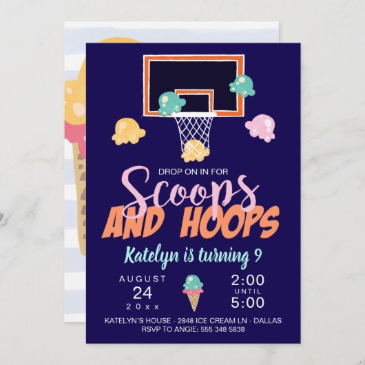 Scoops and Hoops Meisjes Basketbal Uitnodiging (Voorkant / Achterkant)