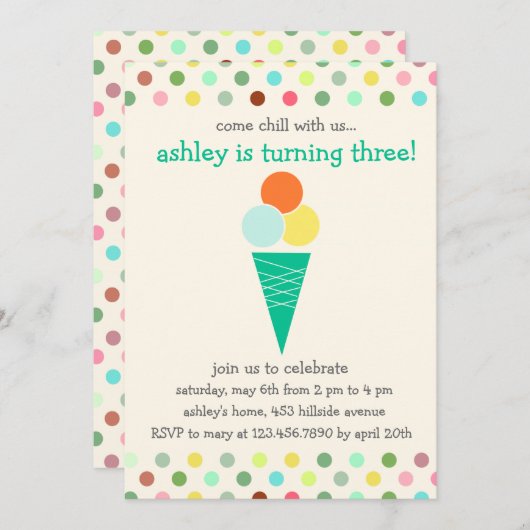 Scoops and polka stipts verjaardagsfeest kaart (Voorkant / Achterkant)