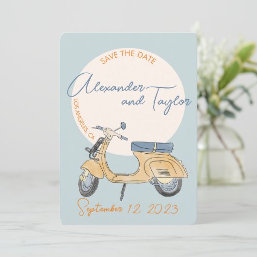Scooter Bruiloft Italië Uitnodiging (Staand voorkant)