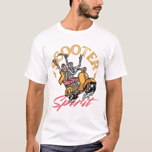 Scooter Spirit – Retro Skeleton Rijder Design T-shirt (Voorkant)