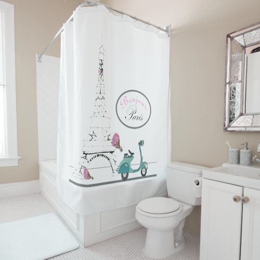 Scooter voorbij de Eiffel Tower Paris Frankrijk Douchegordijn (In situ)