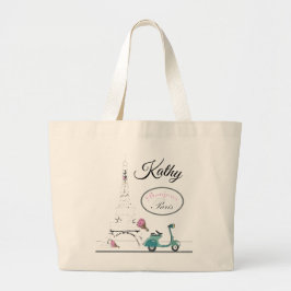 Scooter voorbij de Eiffel Tower Paris Frankrijk Grote Tote Bag