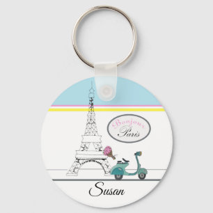Scooter voorbij de Eiffel Tower Paris Frankrijk Sleutelhanger