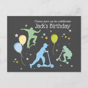 Scooters, fietsen, skateboards, rijden over uitnodiging briefkaart