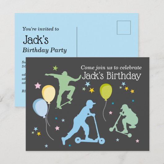 Scooters, fietsen, skateboards, rijden over uitnodiging briefkaart (Voorkant / Achterkant)