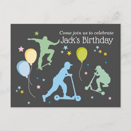 Scooters, fietsen, skateboards, rijden over uitnodiging briefkaart (Voorkant)