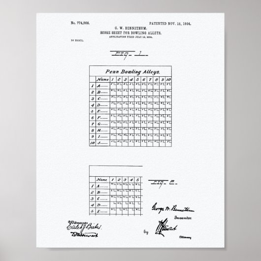 Score Blad Bowling 1904 Whitepaper over patenten Poster (Voorkant)