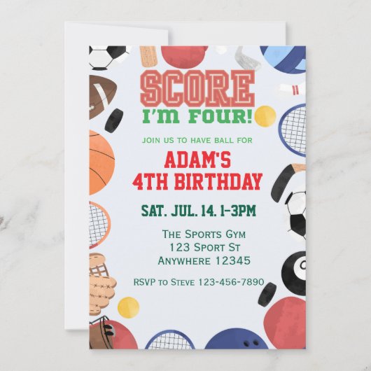 Score I'm Four, Sports 4th Birthday Kaart (Voorkant)