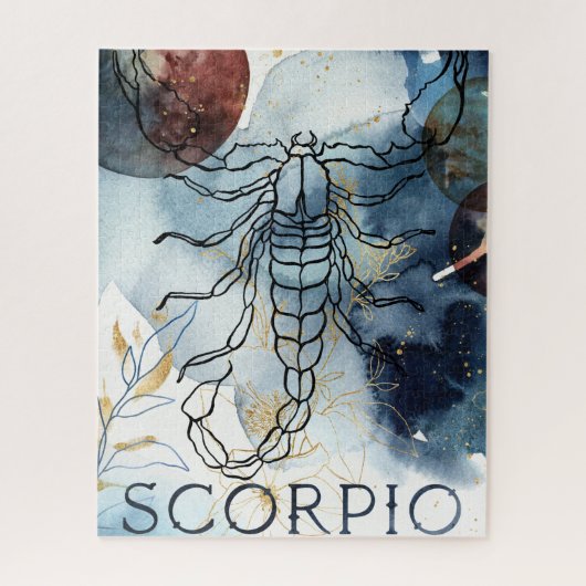 Scorpio blauwe goudbloemen planeet zodiaal waterbo legpuzzel (Verticaal)