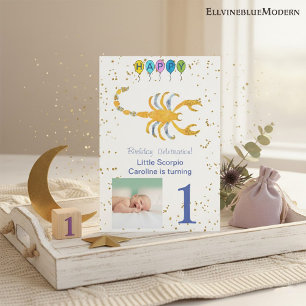 Scorpio First Birthday Gold, ballonnen en foto Kaart