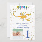 Scorpio First Birthday Gold, ballonnen en foto Kaart (Voorkant)