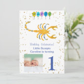 Scorpio First Birthday Gold, ballonnen en foto Kaart (Staand voorkant)