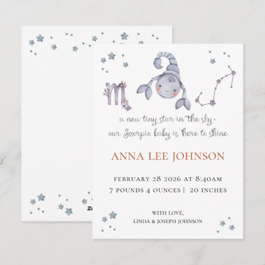 Scorpio Zodiac Birth Announcement Feestdagenkaart (Voorkant / Achterkant)