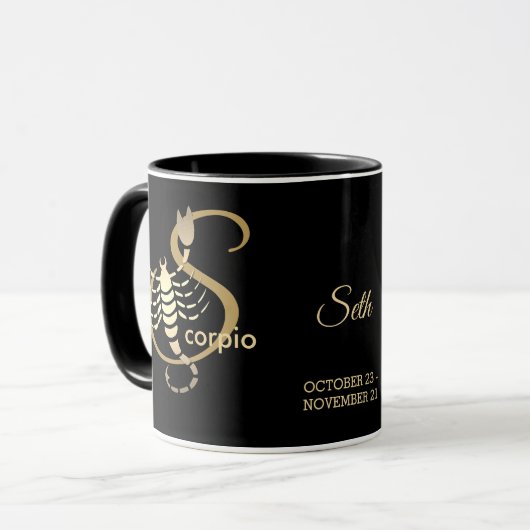 Scorpio ♏ Zodiac Birthday Sign/Black en Gold Mok (Voorkant links)