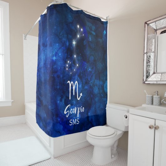 Scorpio Zodiac Constellation Blue Galaxy Monogram Douchegordijn (In situ)