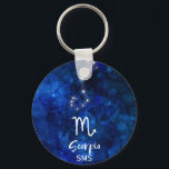 Scorpio Zodiac Constellation Blue Galaxy Monogram Sleutelhanger<br><div class="desc">Scorpio Zodiac Constellation Blue Galaxy Monogram Design with trendy Brushed Script Font, Dark blue celestial waterverf background texture, Ggloed star constellation, en het Scorpion symbool. Moderne Astrologische Sign Birth Horoscope, is perfect voor elke Scorpion Birthday van 23 oktober tot 21 november! Met optionele Monogrammed First Middle and Last Name Initiaal...</div>