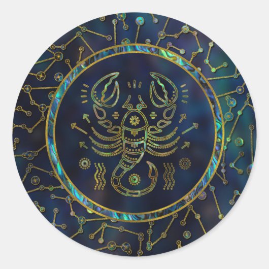 Scorpio Zodiac Gold Abalone op constellatie Ronde Sticker (Voorkant)