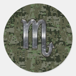 Scorpio Zodiac Symbol Woodland Digital Camo Ronde Sticker