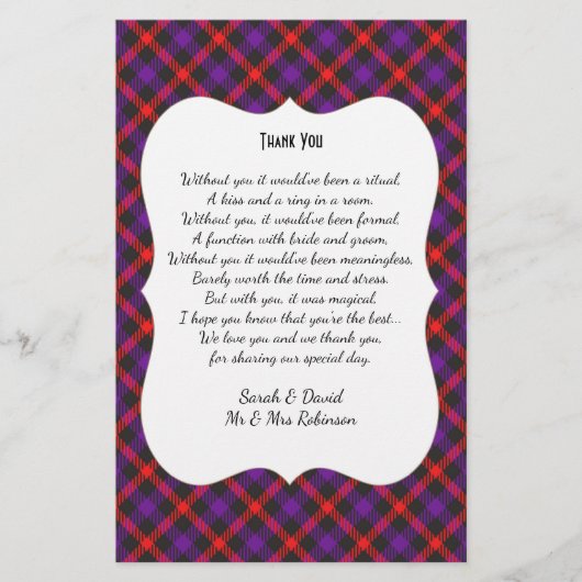 Scotch Clan Tartan Wedding Poem Dank je wel (Voorkant)