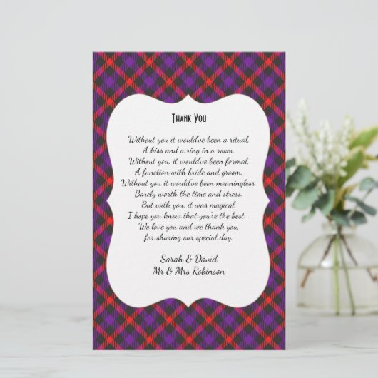 Scotch Clan Tartan Wedding Poem Dank je wel (Staand voorkant)