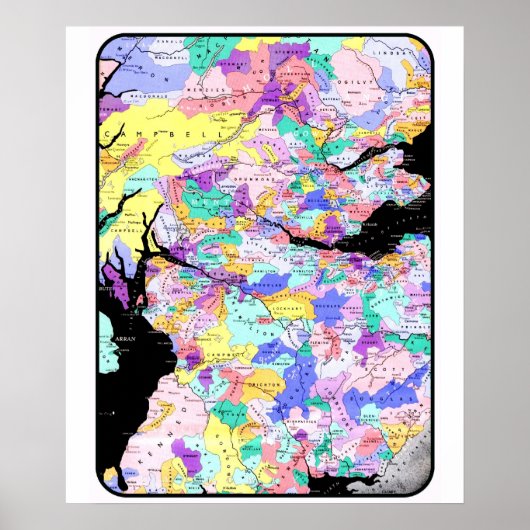 Scotland Map Scottish Clan Names Locations Afbeeld Poster (Voorkant)