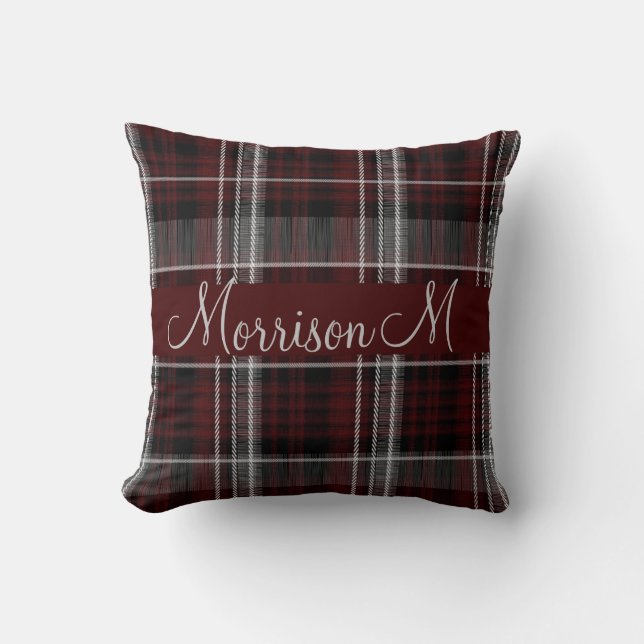 Scotland Tartan Burgundy Gray Pset Monogram Kussen (Voorkant)