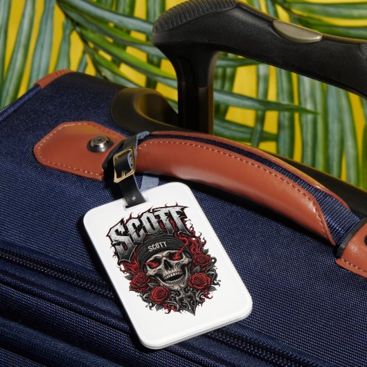 Scott Gothic Schedel Gepersonaliseerde Naam Ontwer Bagagelabel (Voorkant Insitu 1)
