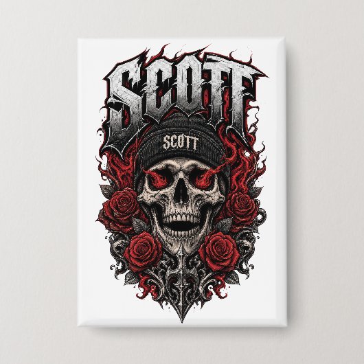 Scott Gothic Schedel Gepersonaliseerde Naam Ontwer Button (Voorkant)