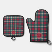 Scott Rood Groen Modern Schots Tartan Monogram Ovenwant & Pannenlap Set (Voorkant)