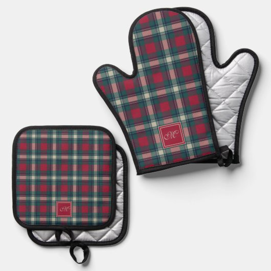 Scott Rood Groen Modern Schots Tartan Monogram Ovenwant & Pannenlap Set (Voorkant / Achterkant)