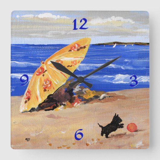 Scottie bij de Beach Clock Vierkante Klok (Voorkant)