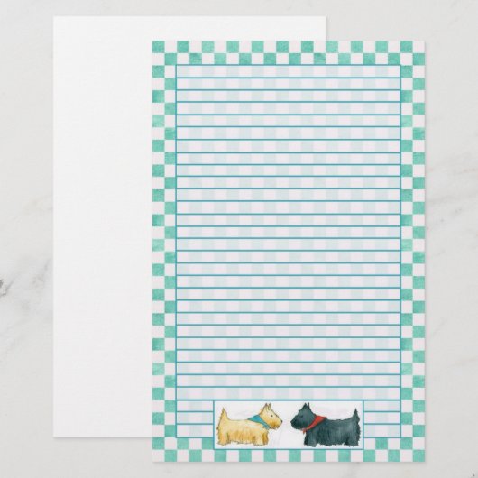Scottie Dog Blauwgroen Groene Waterverf Controles Briefpapier (Voorkant / Achterkant)