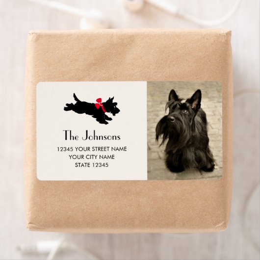 Scottie Dog Christmas Red Bow Retouradres Etiket (Insitu)