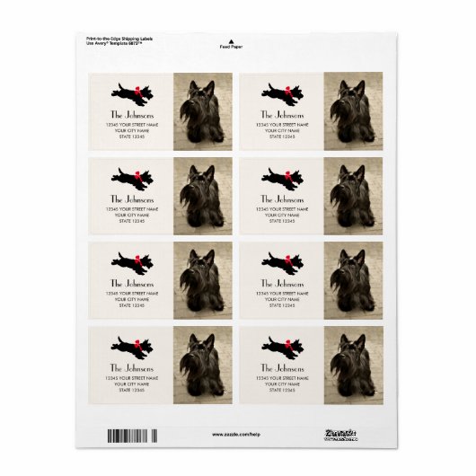 Scottie Dog Christmas Red Bow Retouradres Etiket (Full Sheet)