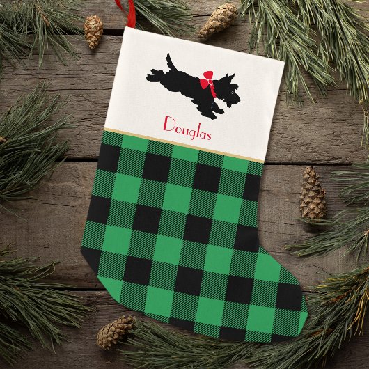 Scottie Dog Custom Name Buffalo Plaid Groen Kleine Kerstsok