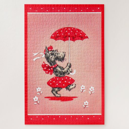 Scottie dog dame met paraplu legpuzzel (Verticaal)