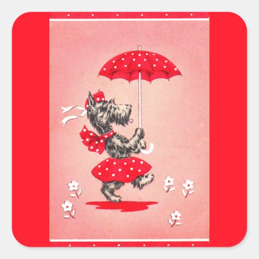 Scottie dog dame met paraplu vierkante sticker (Voorkant)