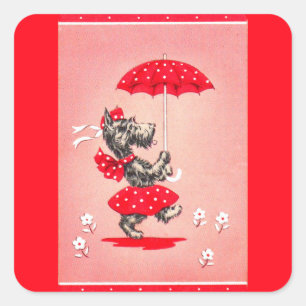 Scottie dog dame met paraplu vierkante sticker