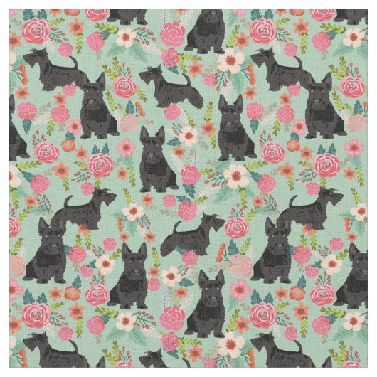 scottie dog florals munt stof (Close Up)