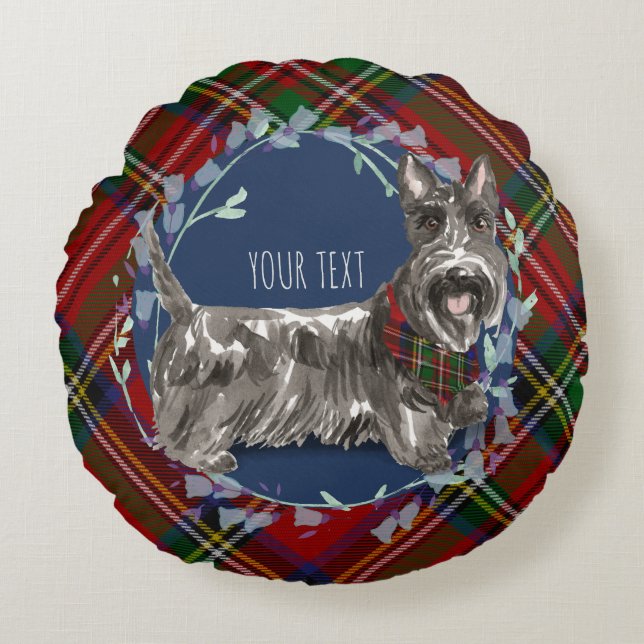 Scottie Dog Red Stewart Plaid Rond Kussen (Voorkant)