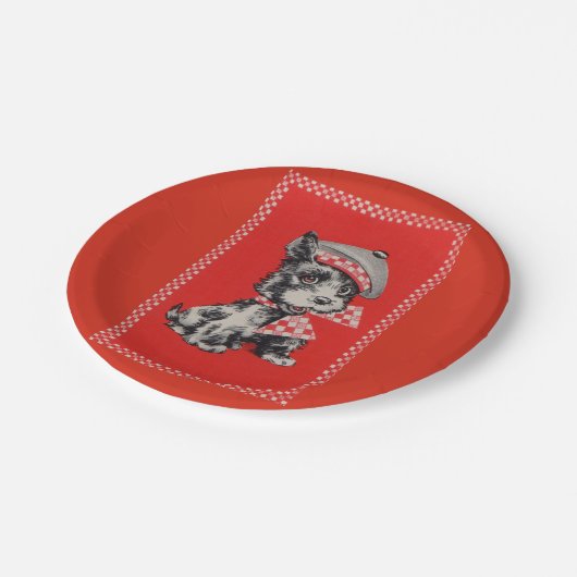 Scottie dog uit 1950 in rood papieren bordje (Gekanteld)